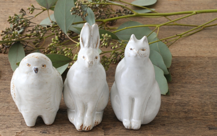 陶器のフクロウ・ウサギ・ネコ