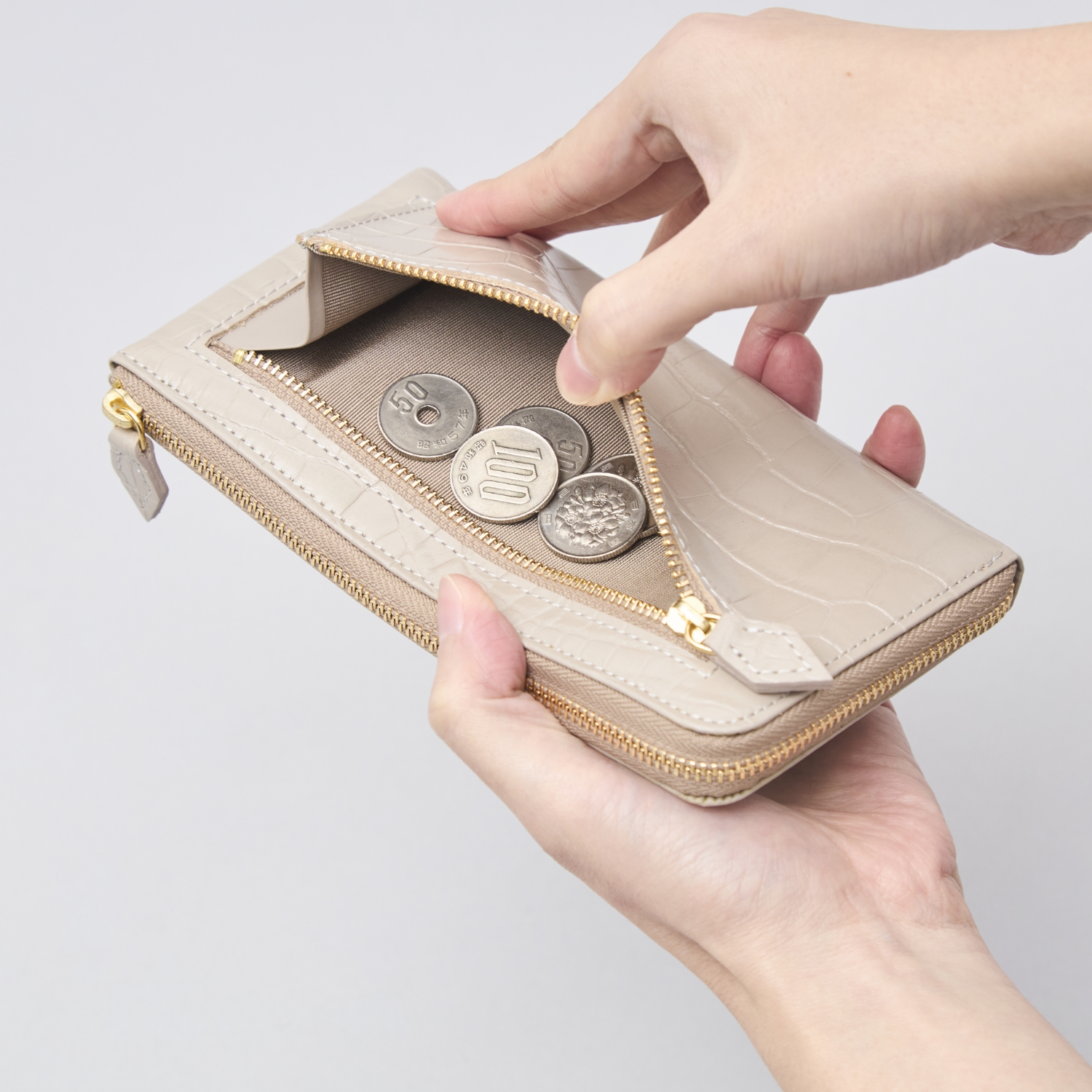 のむのもの/クロコ型押し Lジップ長財布 -薄くてコンパクトなのに 