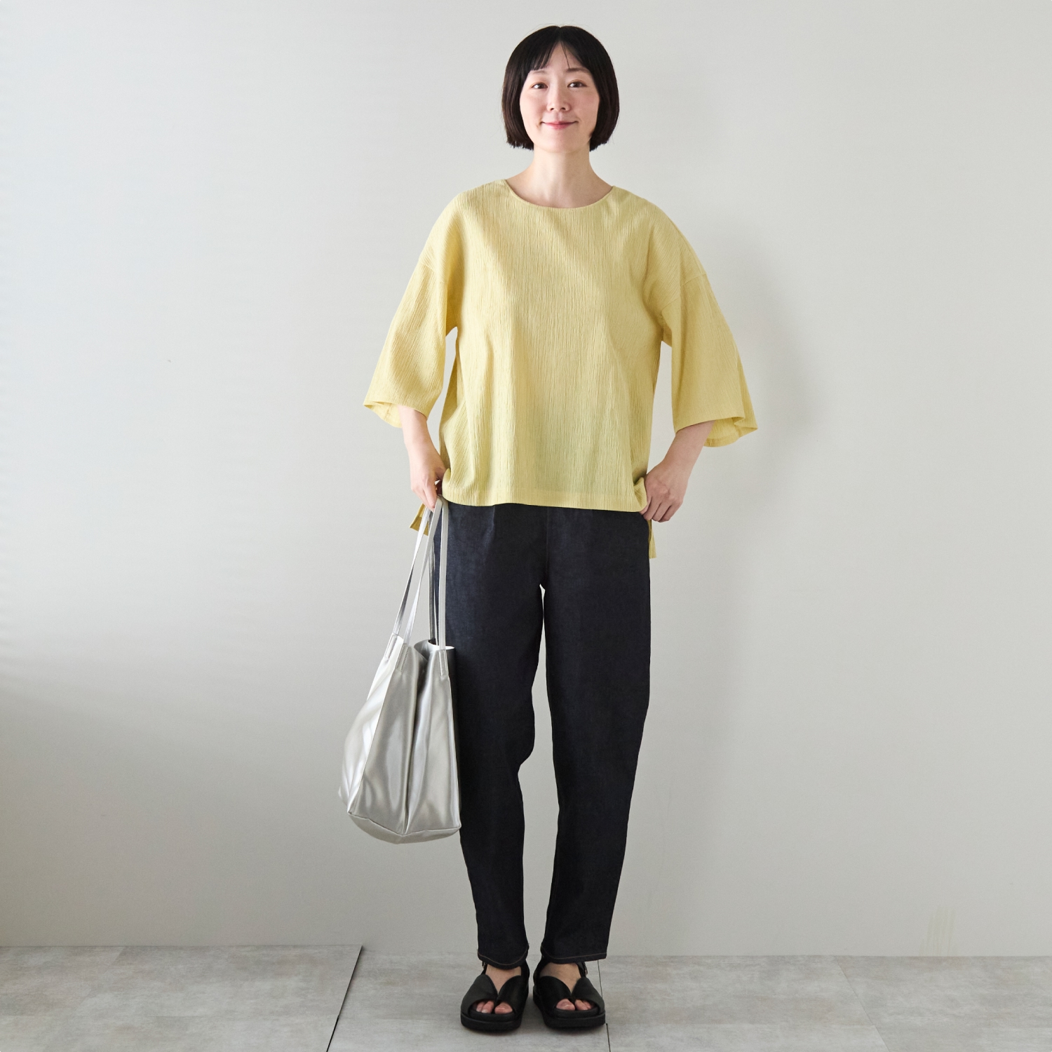 Kilka/洗えるシャーリング5分袖カットソー
