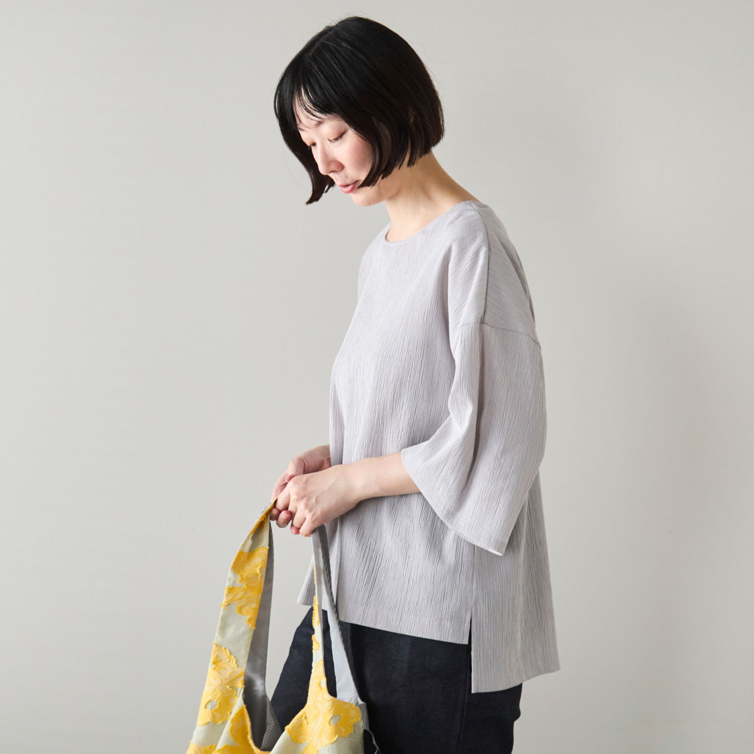 Kilka/洗えるシャーリング5分袖カットソー
