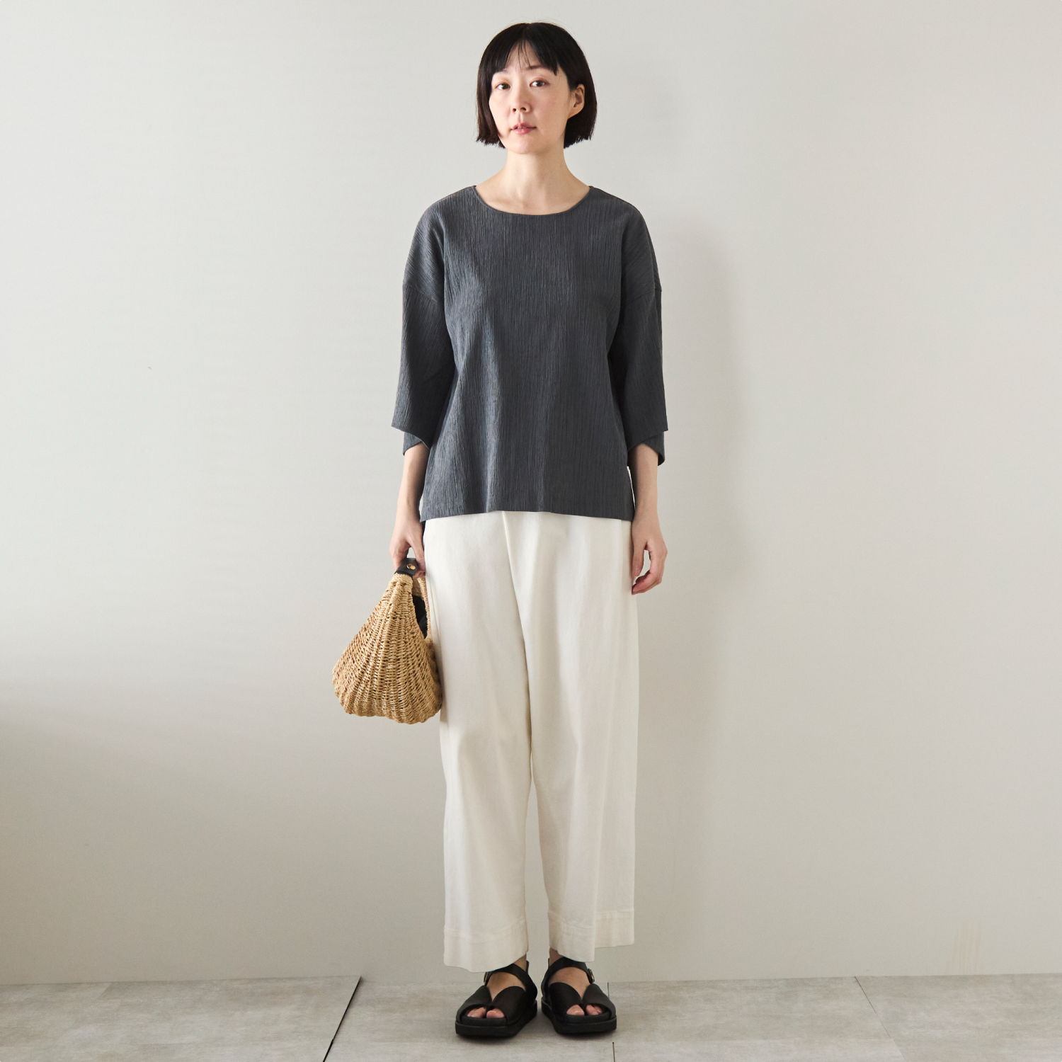 Kilka/洗えるシャーリング5分袖カットソー