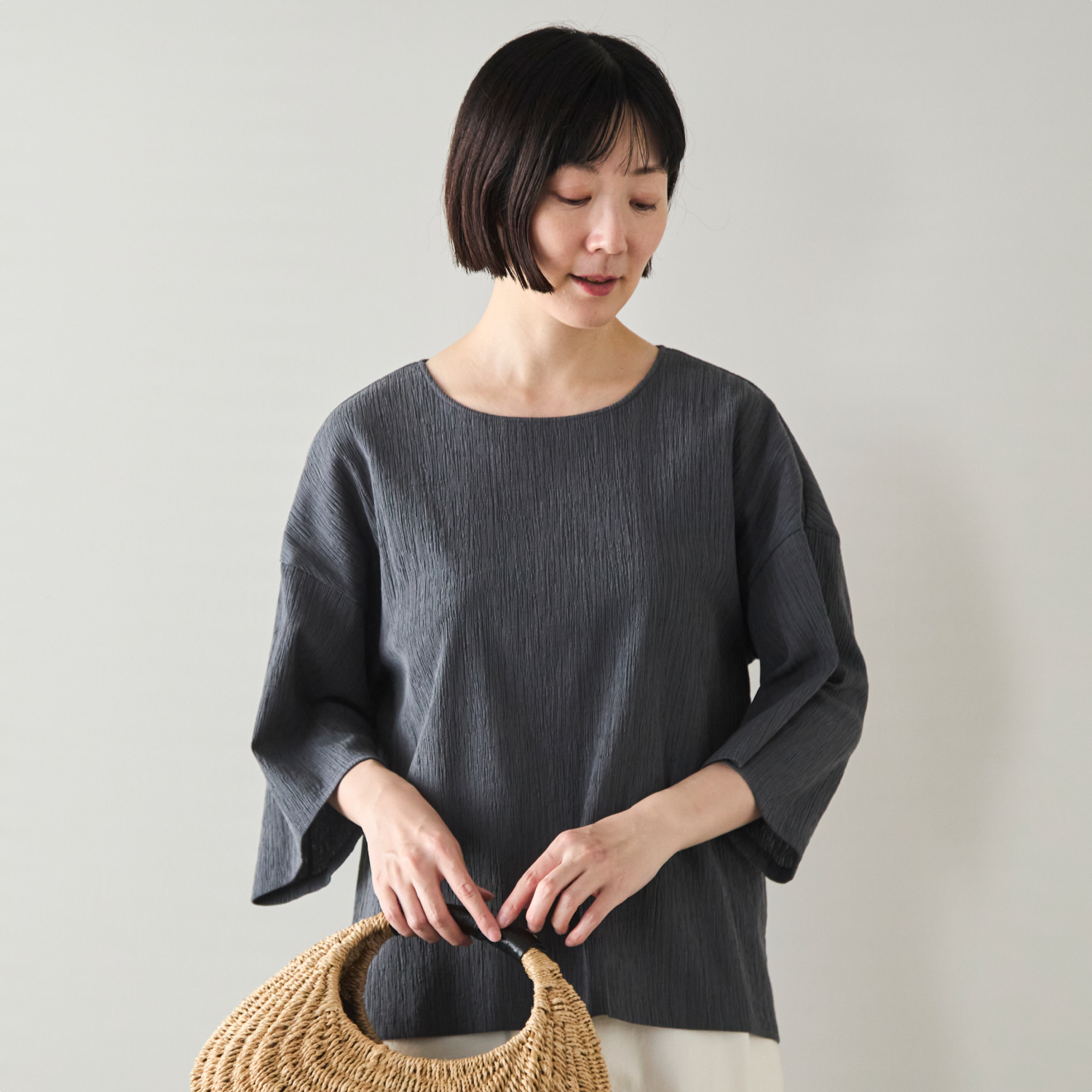 Kilka/洗えるシャーリング5分袖カットソー