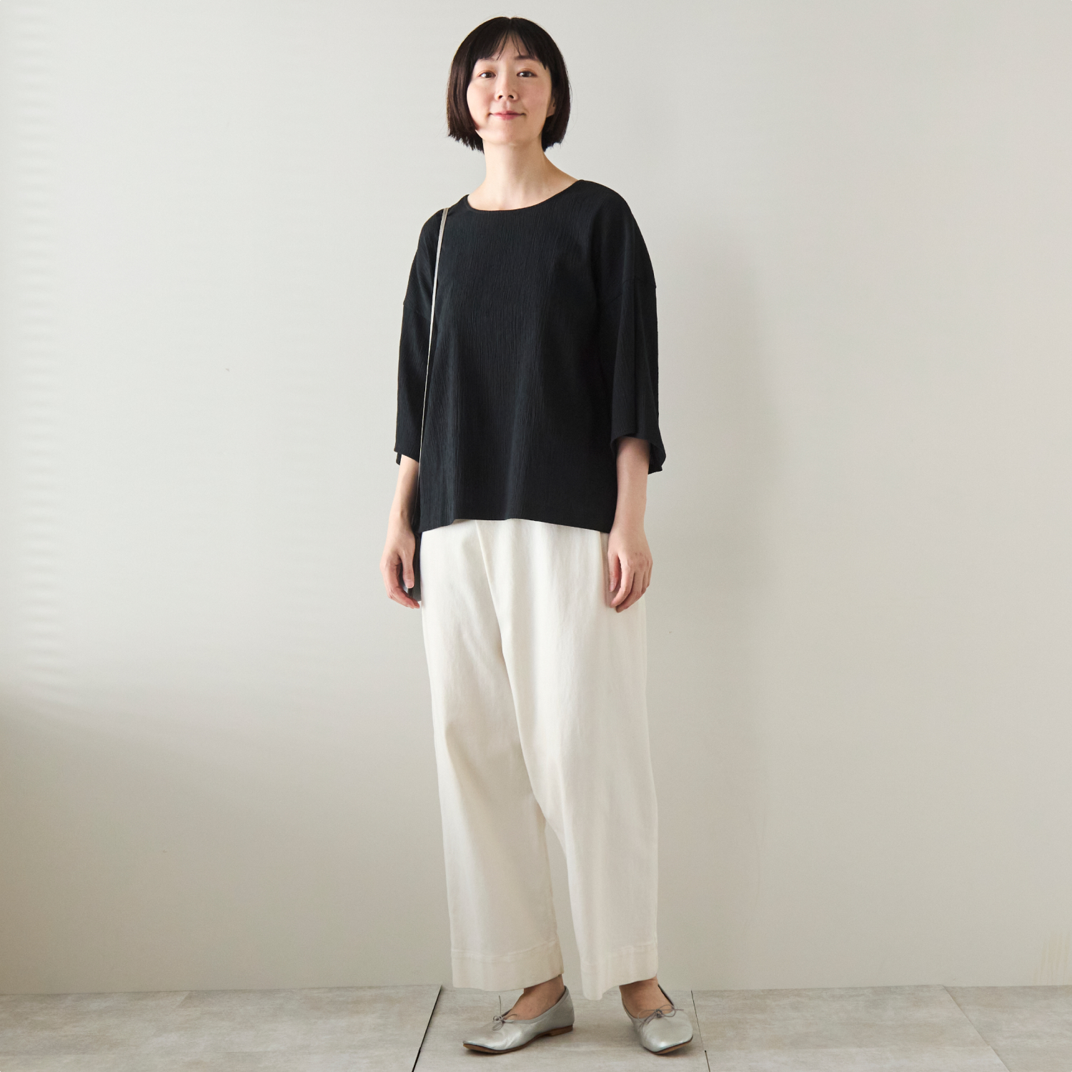 Kilka/洗えるシャーリング5分袖カットソー