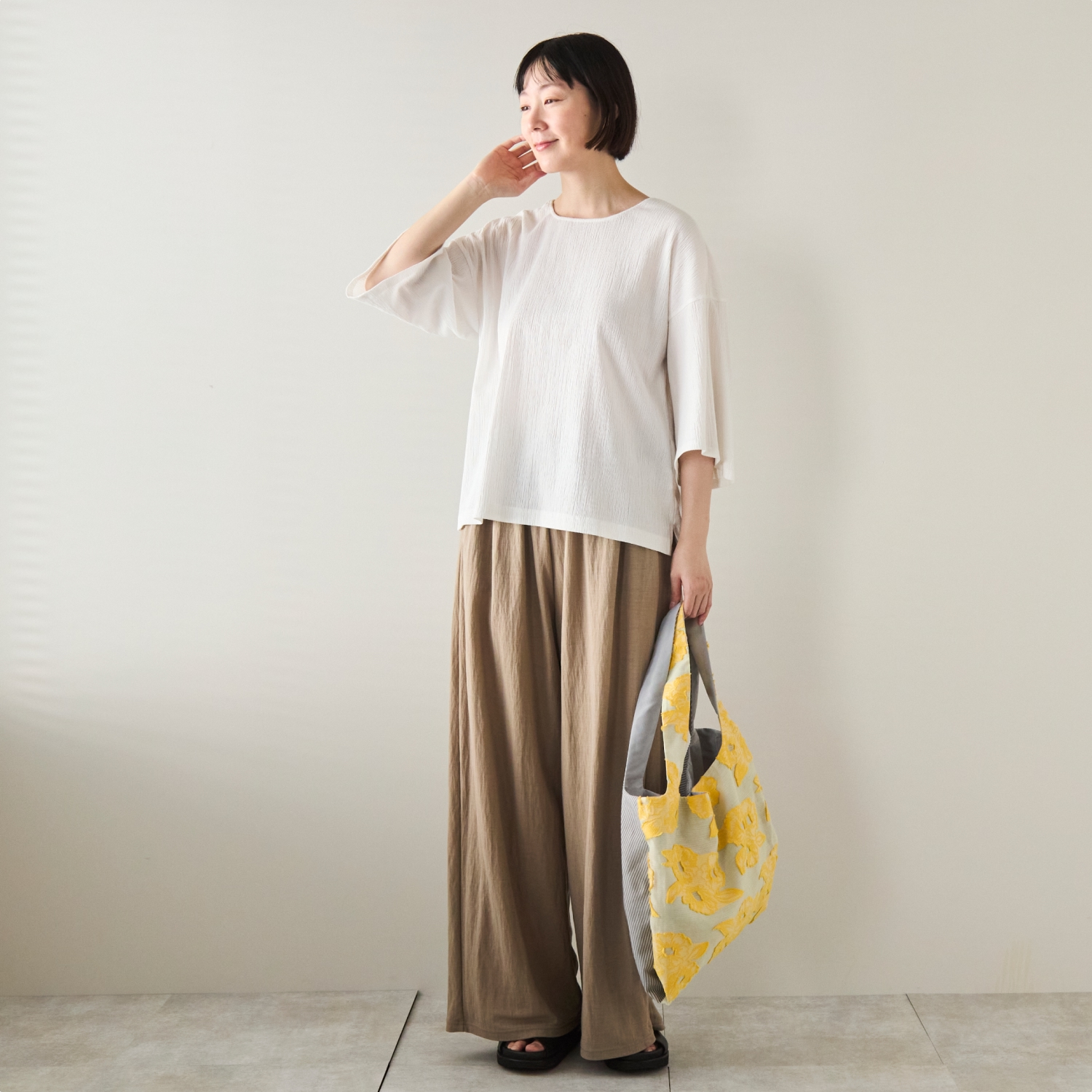 Kilka/洗えるシャーリング5分袖カットソー