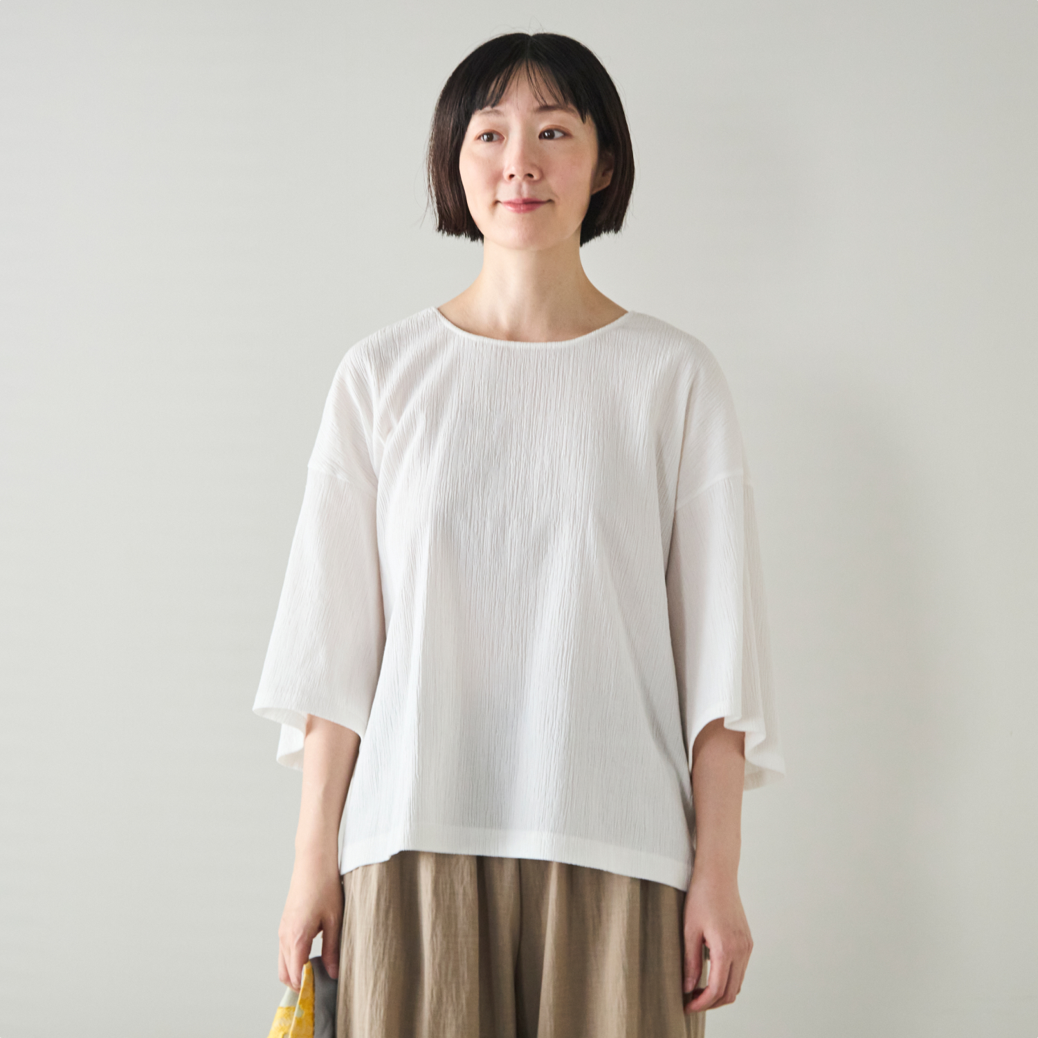 Kilka/洗えるシャーリング5分袖カットソー