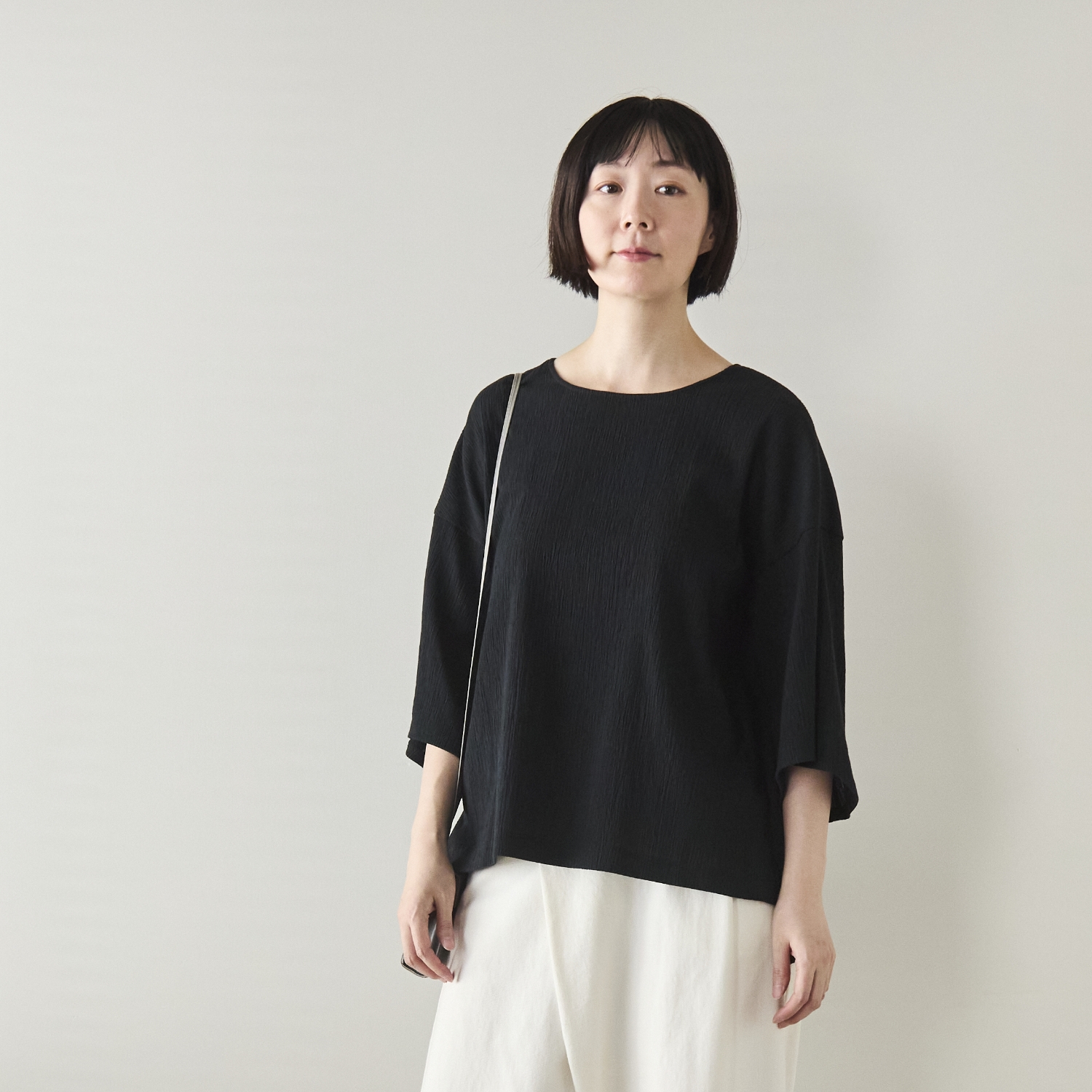 Kilka/洗えるシャーリング5分袖カットソー