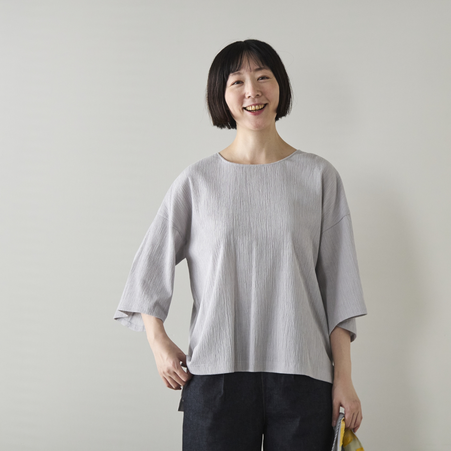 Kilka/洗えるシャーリング5分袖カットソー