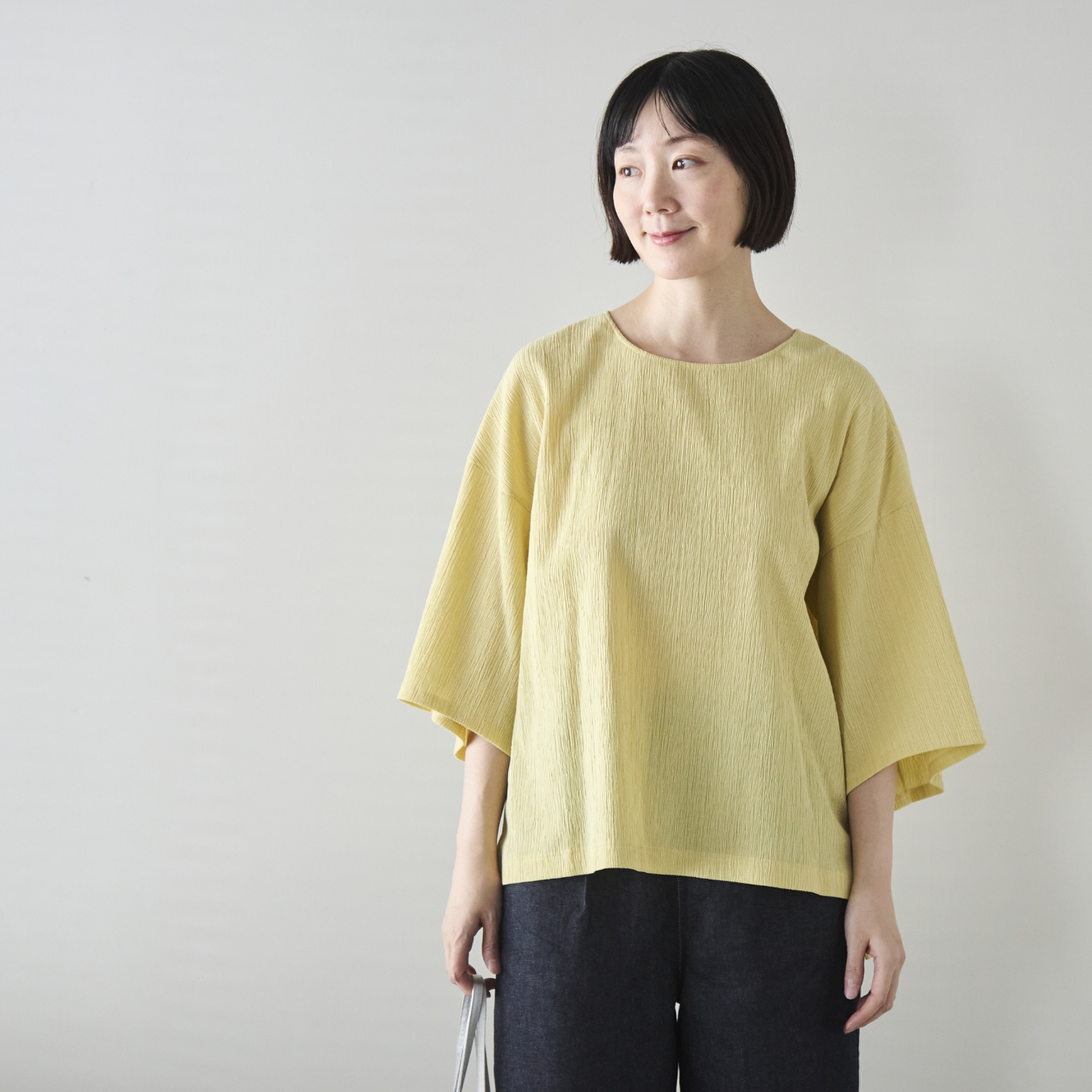 Kilka/洗えるシャーリング5分袖カットソー