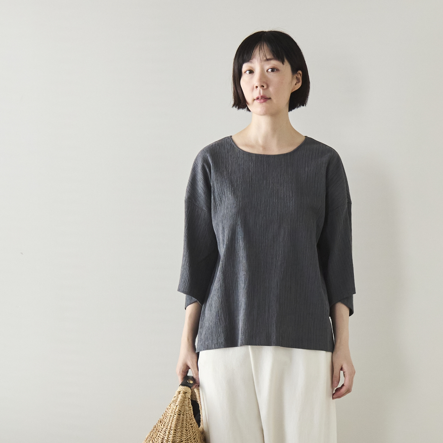 Kilka/洗えるシャーリング5分袖カットソー
