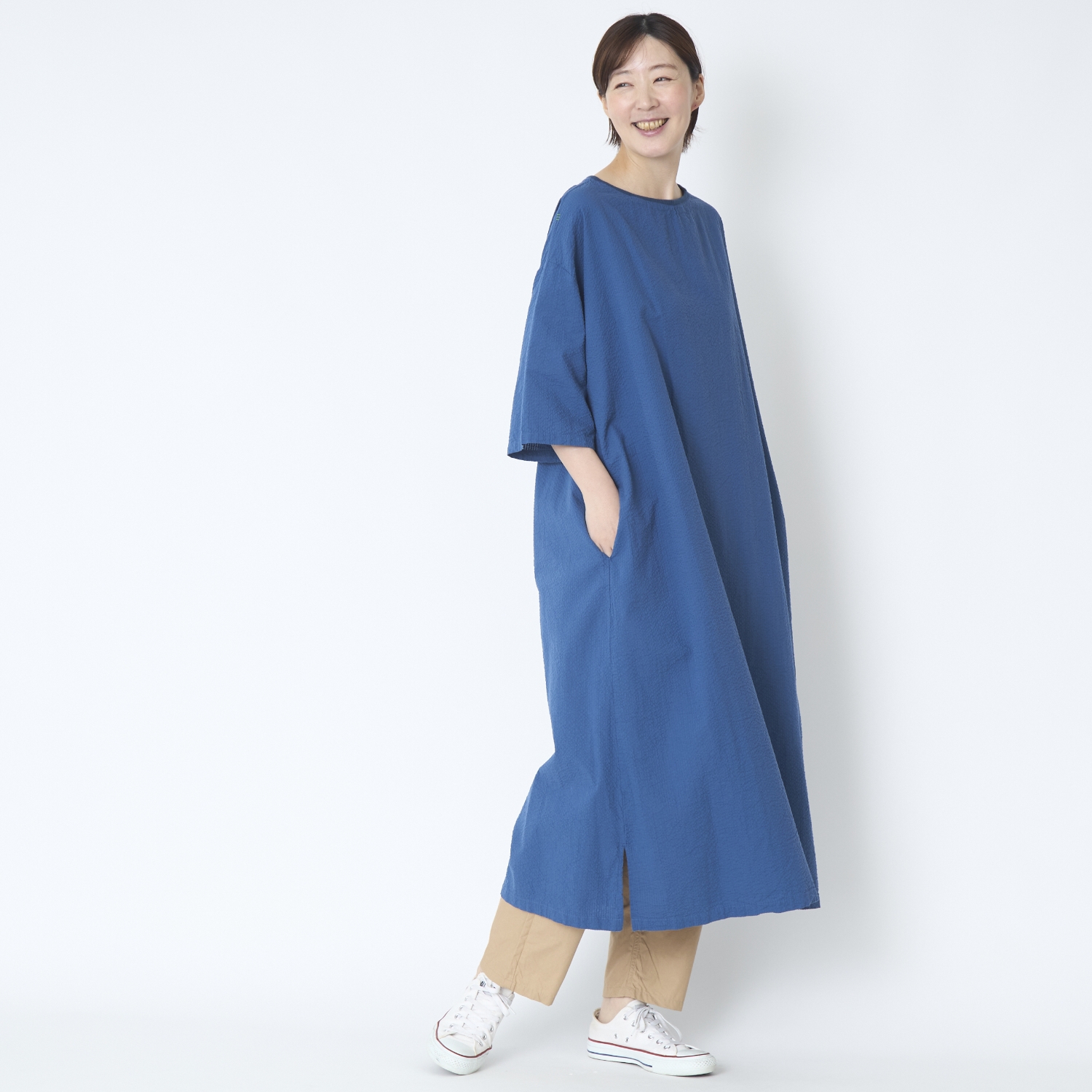 motone/7分袖ボートネックロングワンピース