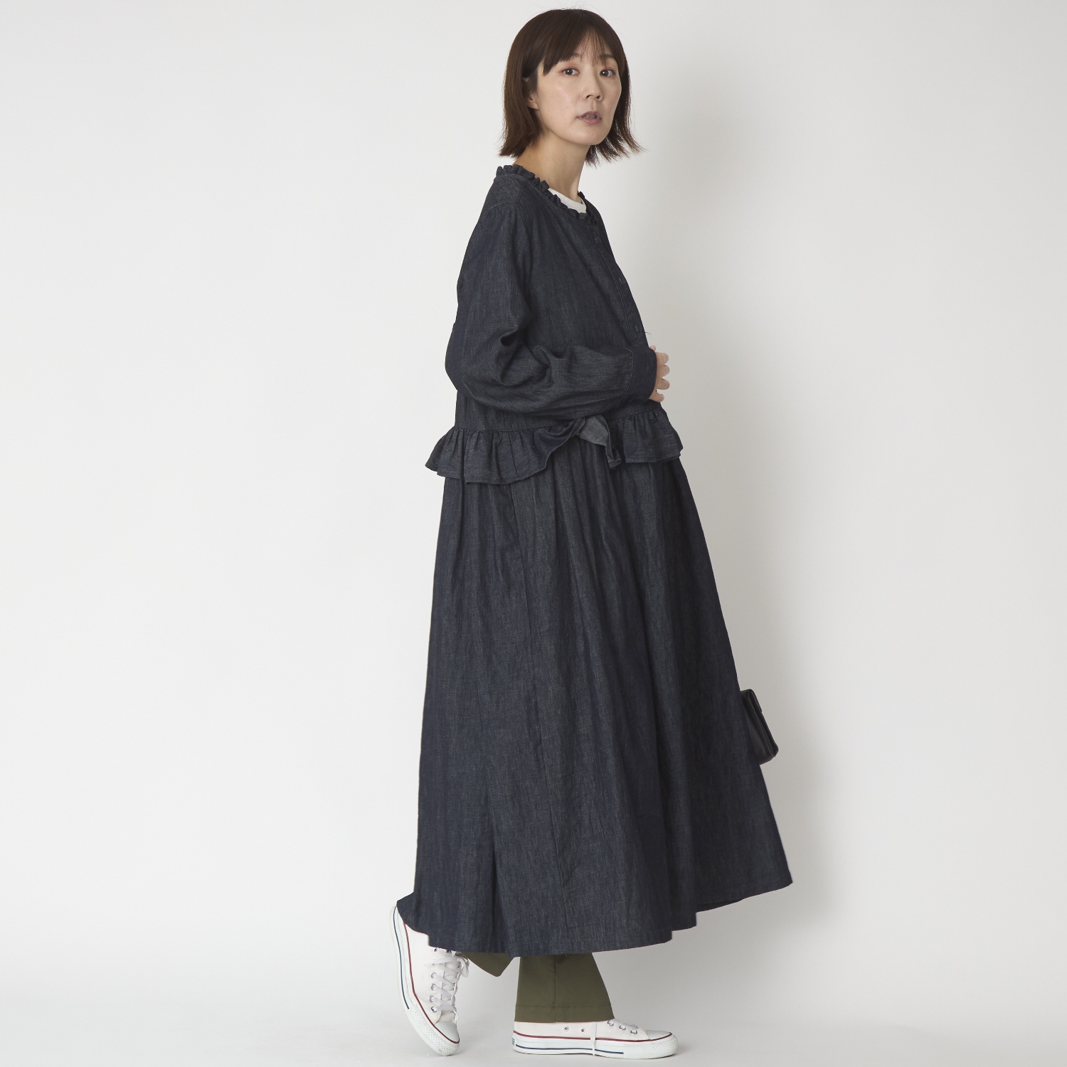 ubasoku/フリル加工比翼ウエストギャザー長袖ワンピース