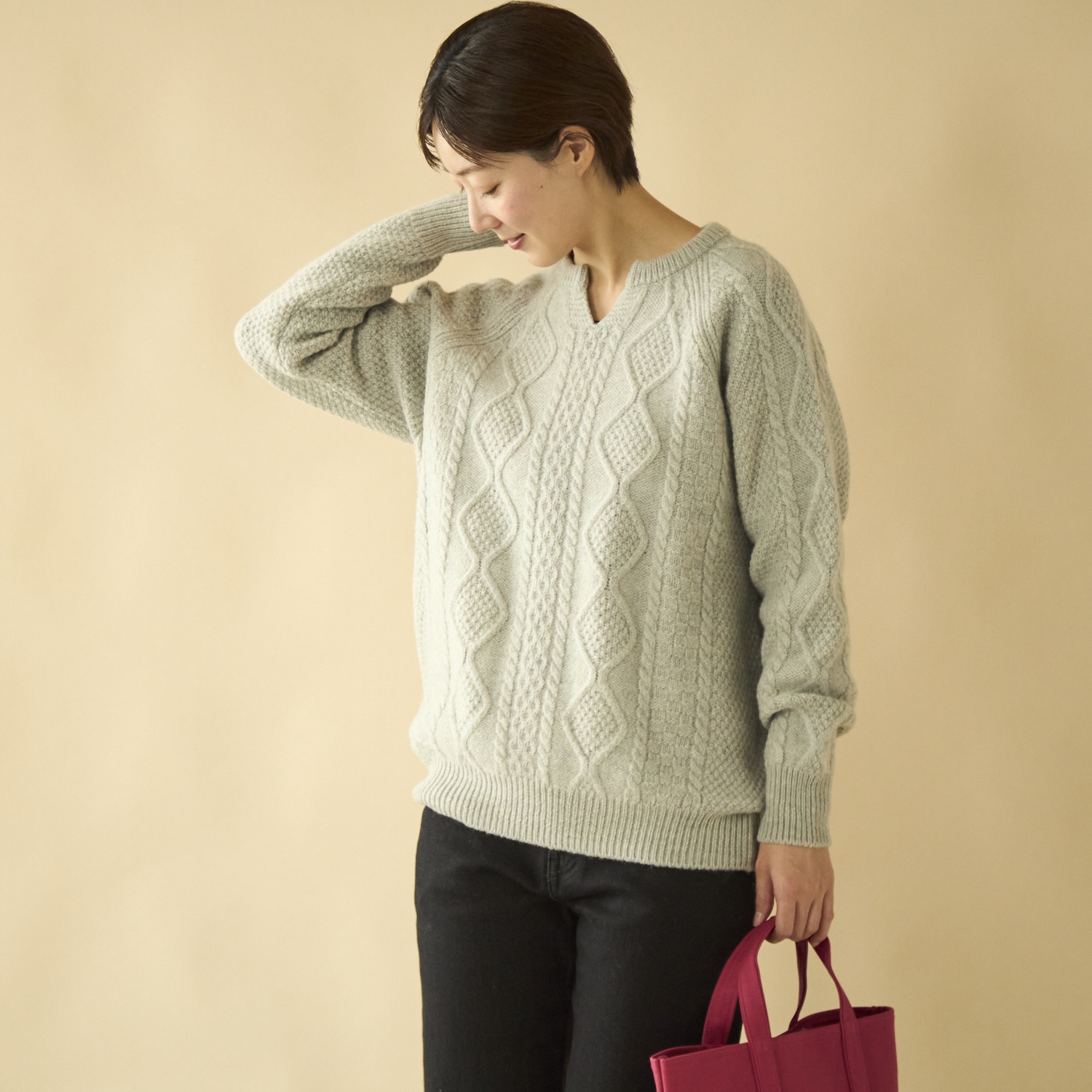 SAIFUKU/ウール100%アラン柄プルオーバー　キーネック