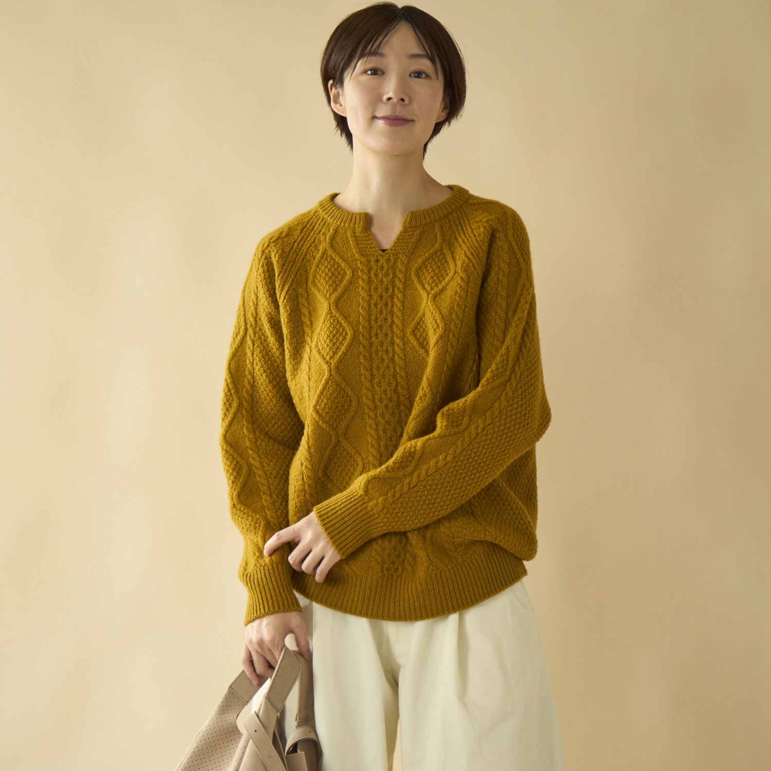 SAIFUKU/ウール100%アラン柄プルオーバー　キーネック