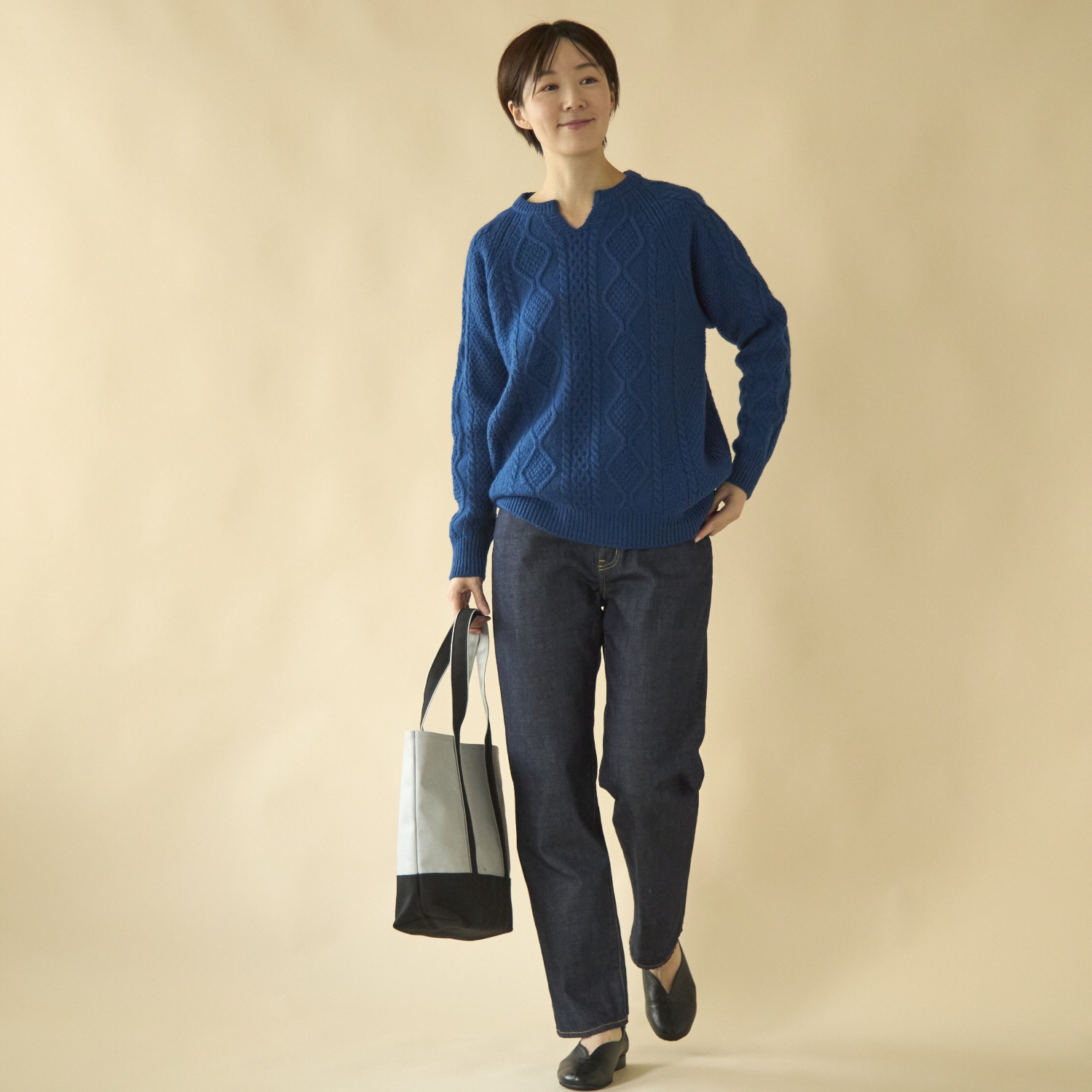 SAIFUKU/ウール100%アラン柄プルオーバー　キーネック