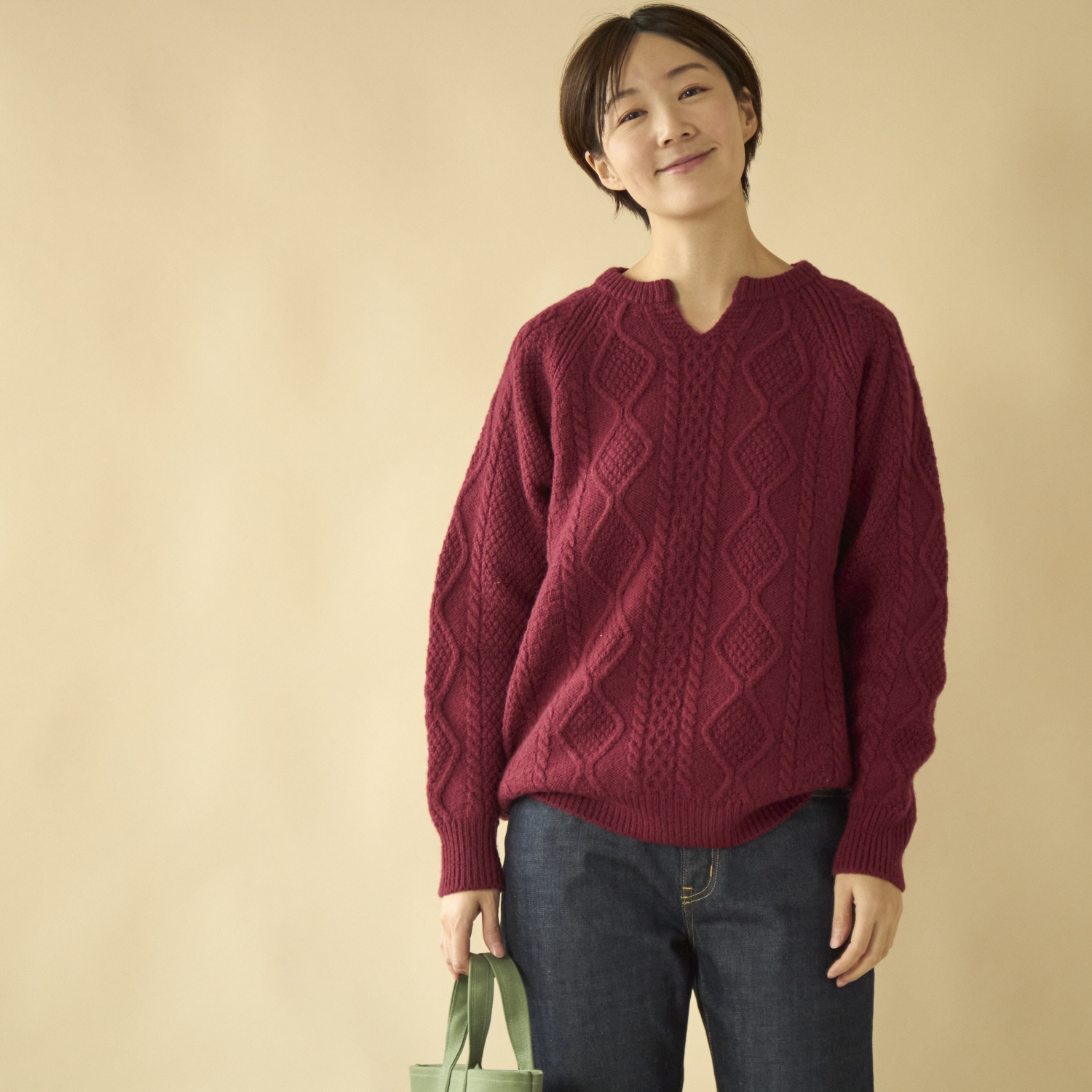 SAIFUKU/ウール100%アラン柄プルオーバー　キーネック