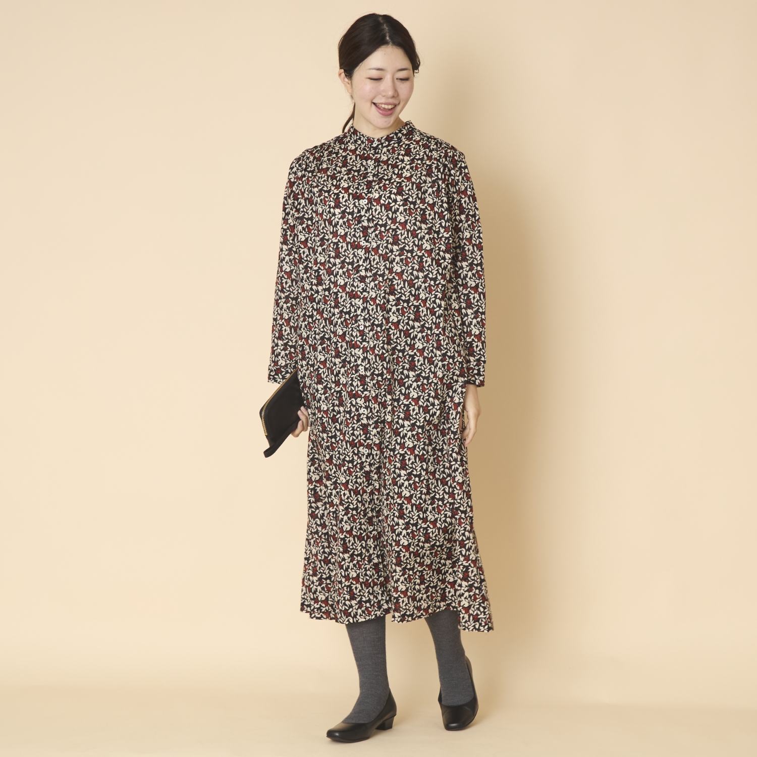 PONT DE CHALONS/フラワープリントギャザーワンピース ブラック -秋冬