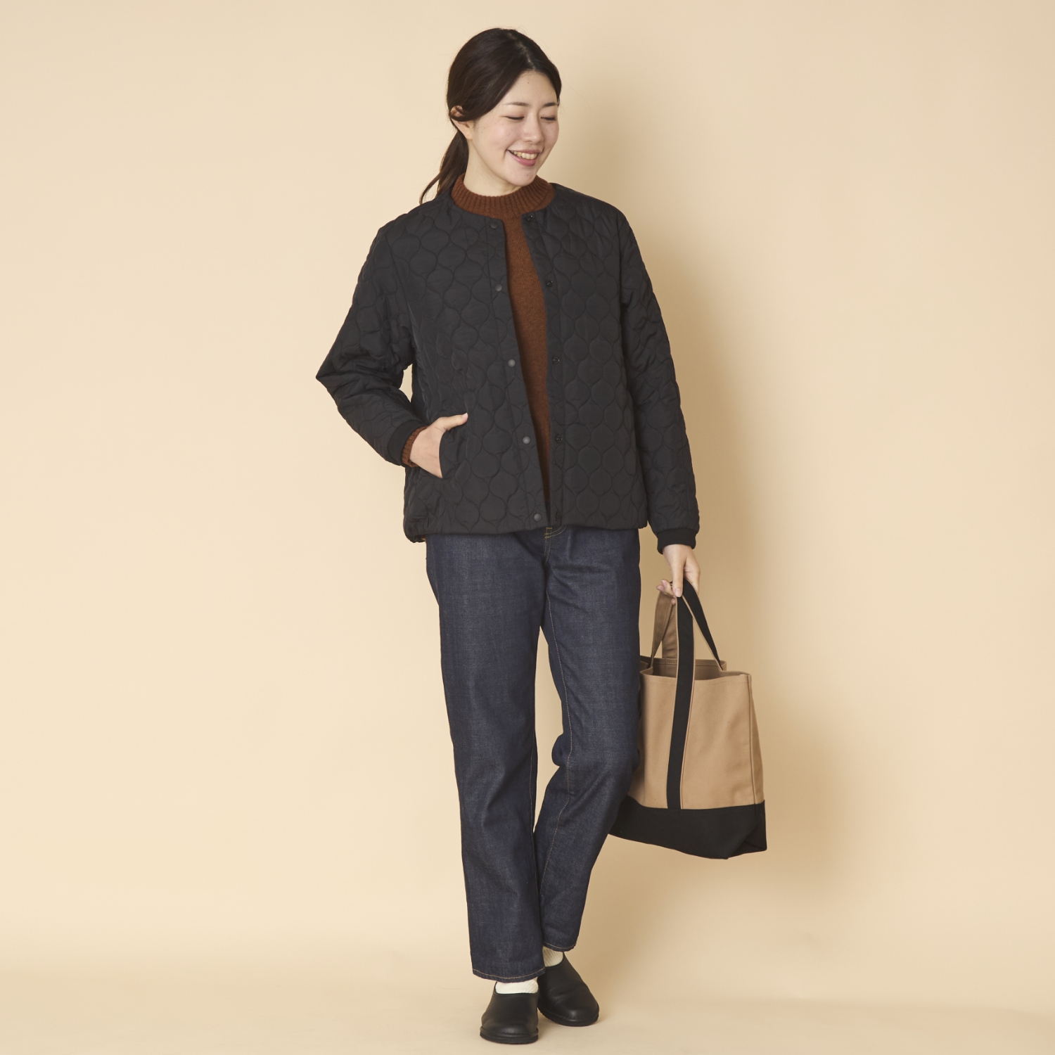 nachukara/ナイロンキルトノーカラーブルゾン