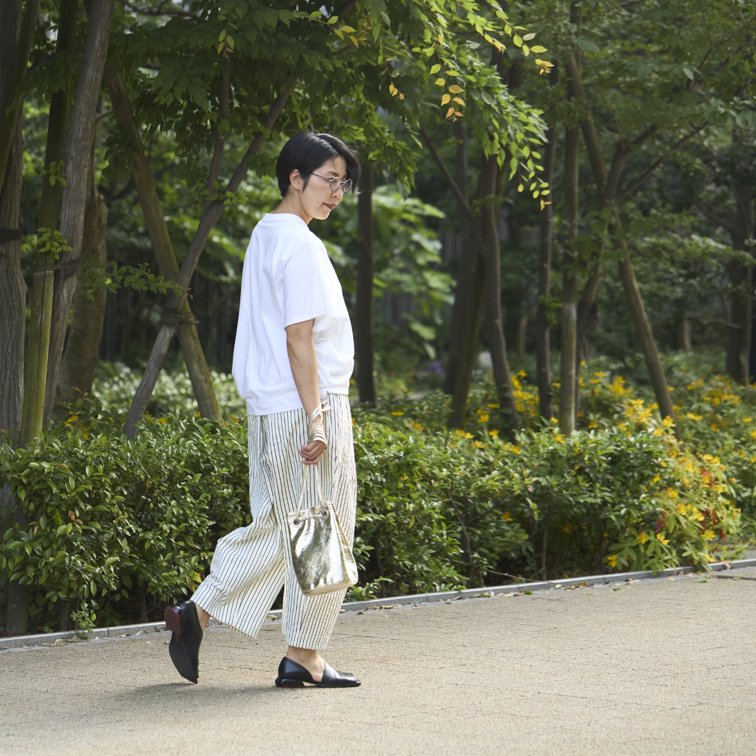 Kilka/風が通るストライプのカーブパンツ