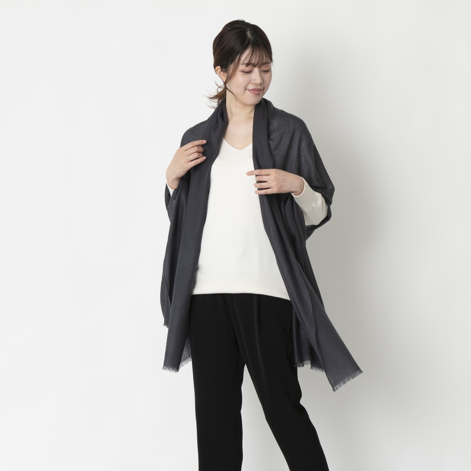 Paul Stuart ステンカラーコート　カシミア　比翼　ロング　ブラック L Paul Stuartポールスチュアート カシミヤ混 スタンドカラーコート