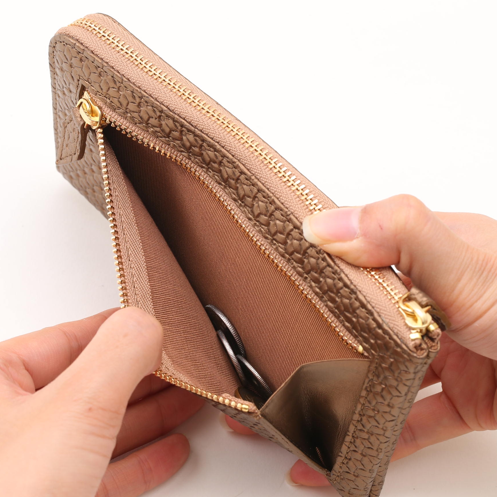 L字ファスナー長財布 メッシュ型押しレザー ブロンズ - 1万円札が折らずに入る最小サイズ