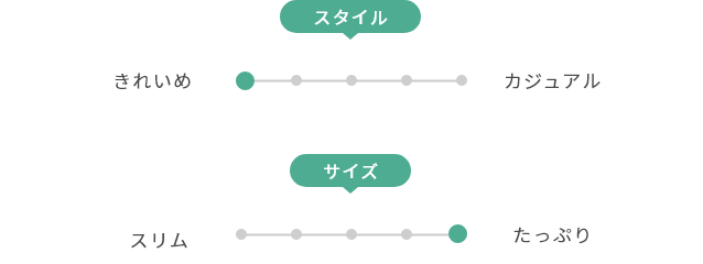 スタイルは「きれいめ」と「カジュアル」では最もきれいめ。サイズ感は「スリム」と「たっぷり収納」ではたっぷり収納。
